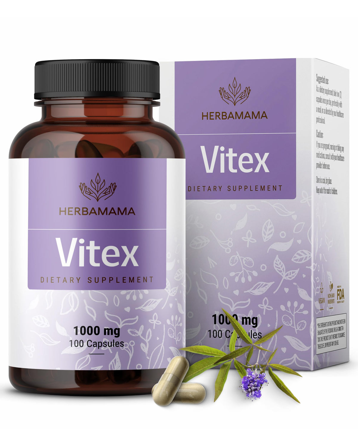 Herbamama Vitex berry capsules 1000mg per serving in a vegan capsule
