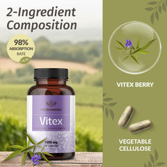 Two-ingredient formula graphic showing Chasteberry Vitex and vegetable cellulose capsule
