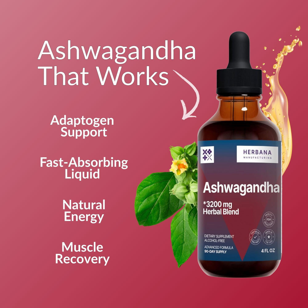 Herbana Ashwagandha Liquid Drops packaging and bottle on white background