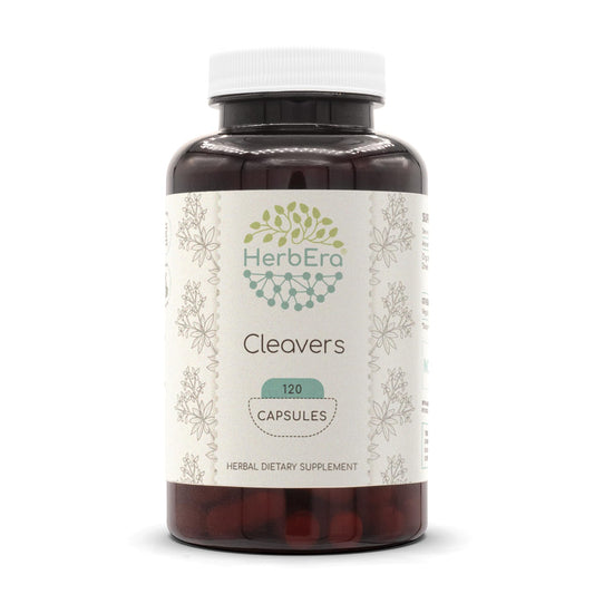 Bottle of HerbEra Cleavers 120 Capsules with label