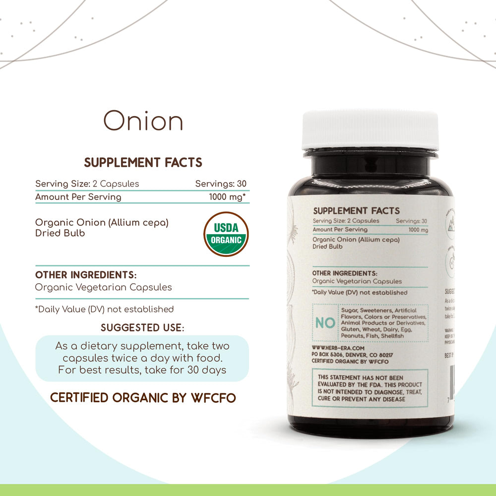 Ingredients and supplement facts card for Herbera Onion capsules