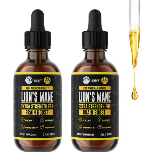 Herbify Lions Mane Mushroom Supplement bottle and 2-pack packaging