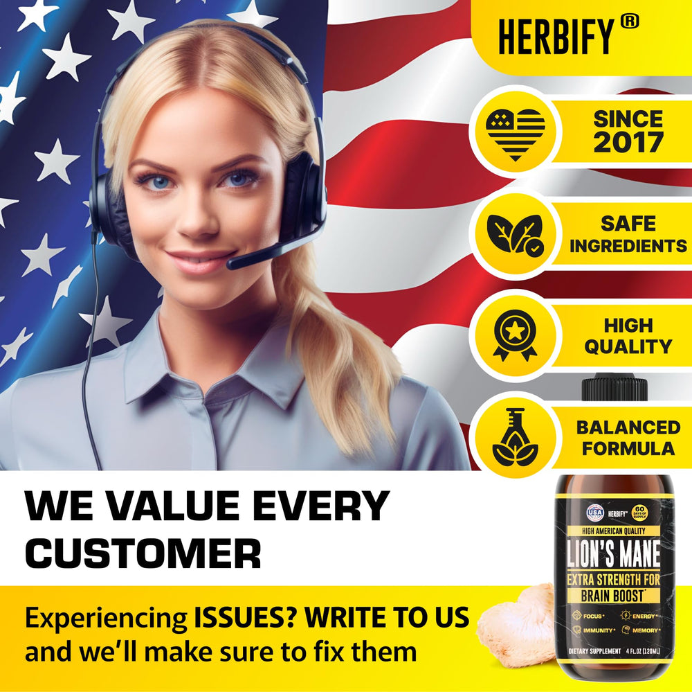 Front label of Herbify Lions Mane supplement bottle