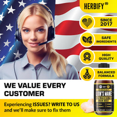 Front label of Herbify Lions Mane supplement bottle