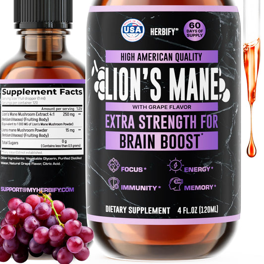 Herbify Lions Mane supplement bottle with grape flavor label