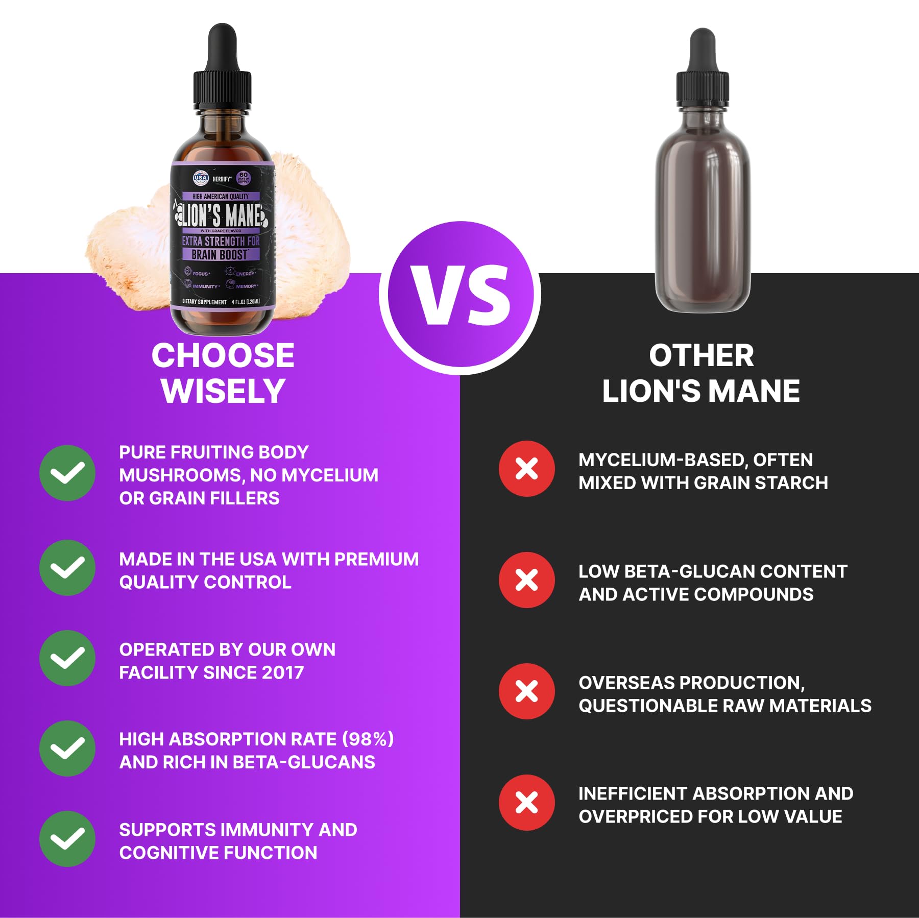 USA-made Herbify Lions Mane tincture bottle on counter