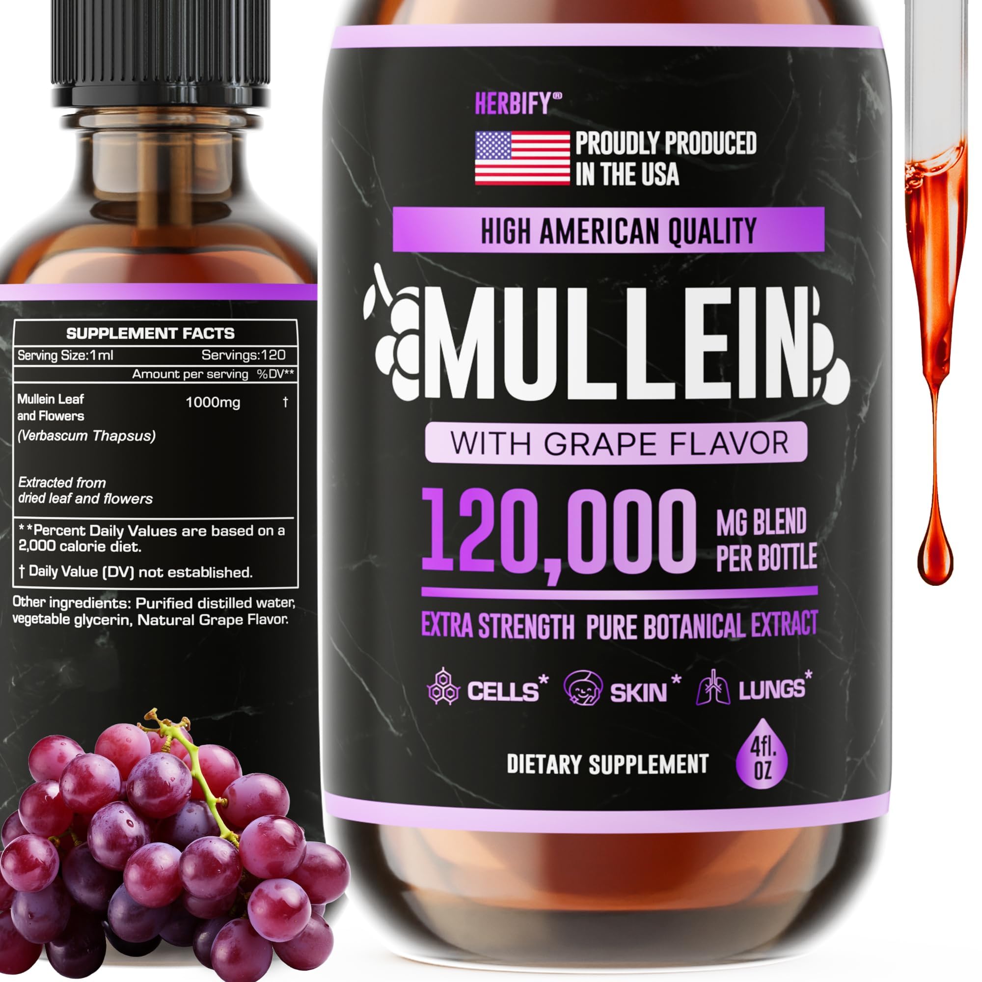 HERBIFY Mullein Drops bottle with grape flavor on a white background