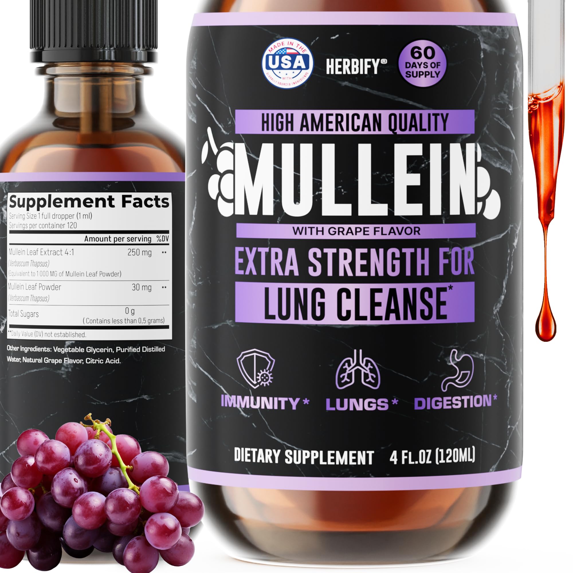 HERBIFY Mullein Drops bottle pour for easy dosing and lung support.
