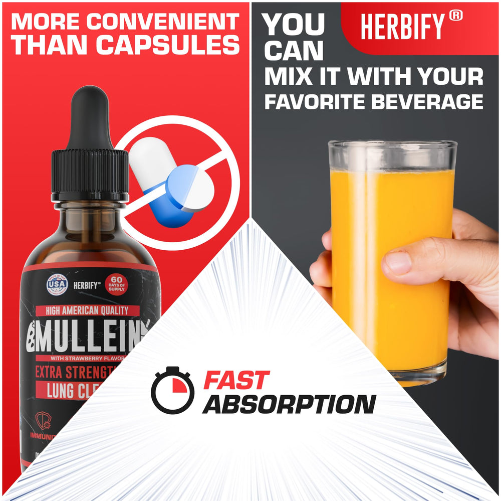 HERBIFY Mullein Drops lung cleansing concept with natural leaf imagery