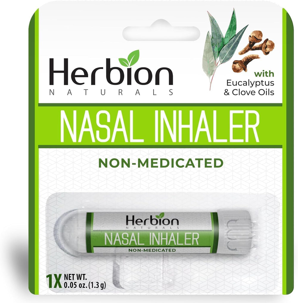 HERBION Naturals Nasal Inhaler front view showing compact congestion relief on the go