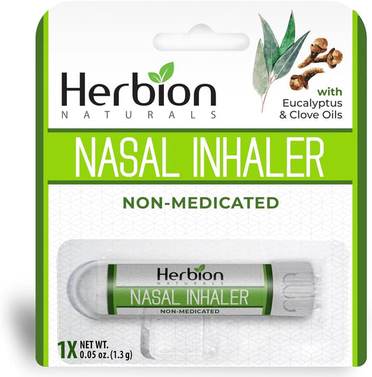 HERBION Naturals Nasal Inhaler front view showing compact congestion relief on the go