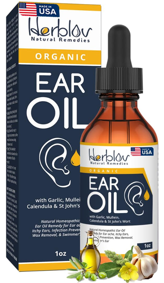 Herblov ear oil bottle label highlights organic ingredients for natural ear care and soothing comfort.