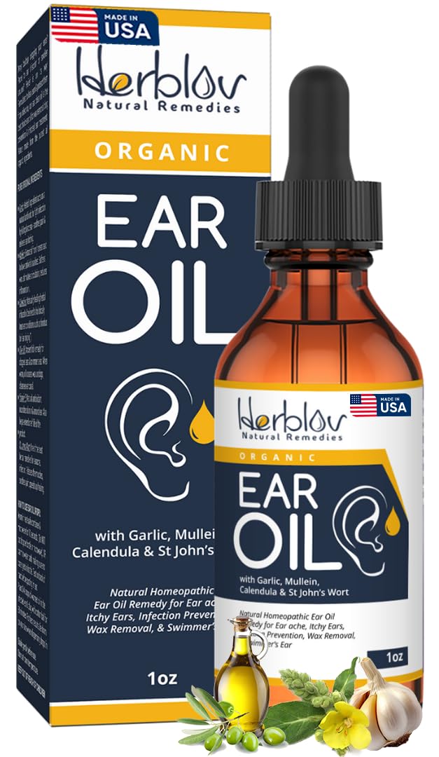 Herblov ear oil bottle label highlights organic ingredients for natural ear care and soothing comfort.