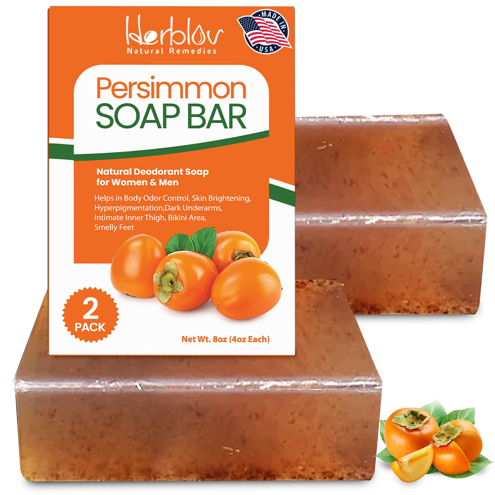 Herblov Persimmon soap bar close-up showing texture; odor control and brightening benefits.