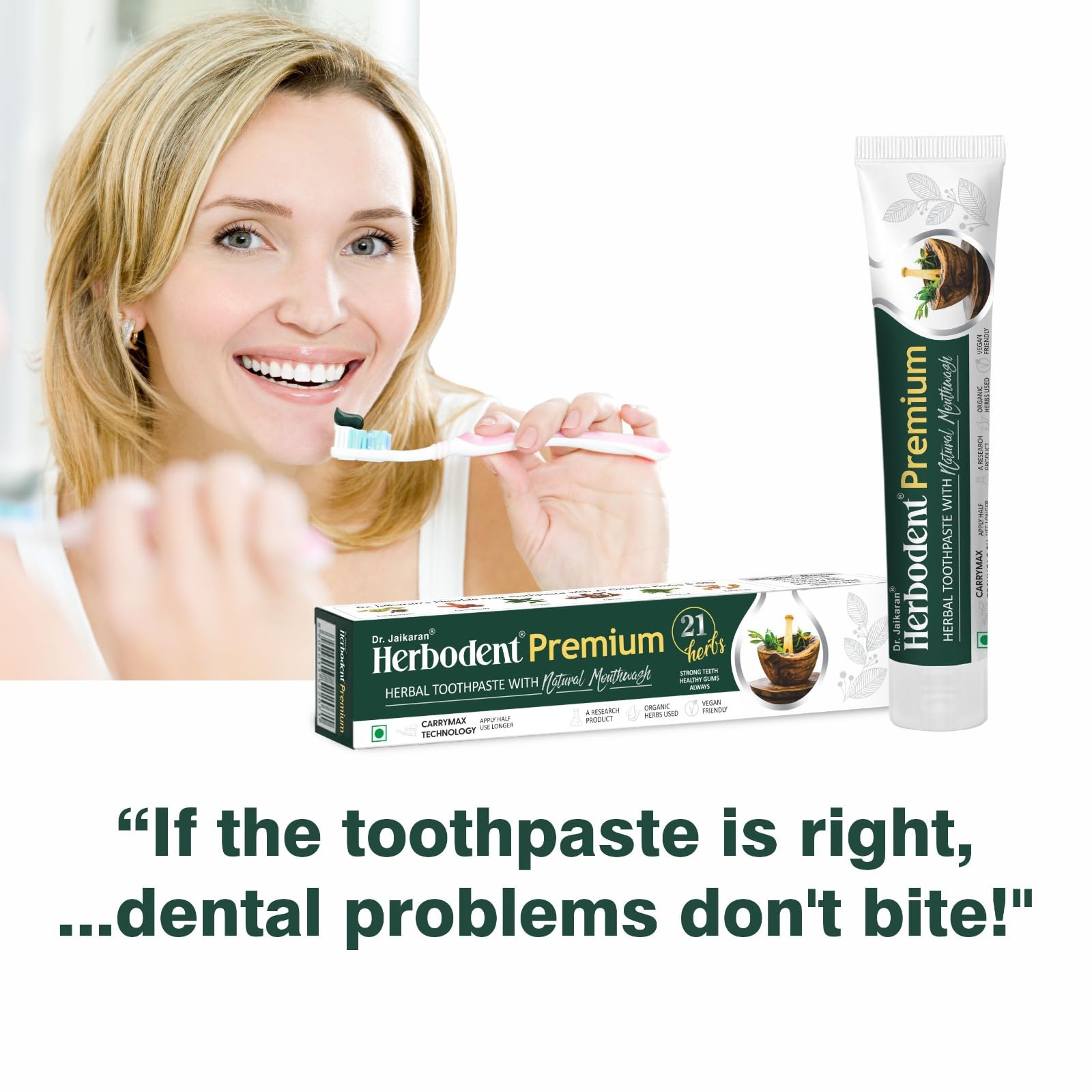 Vegan and cruelty-free labeling on Herbodent toothpaste