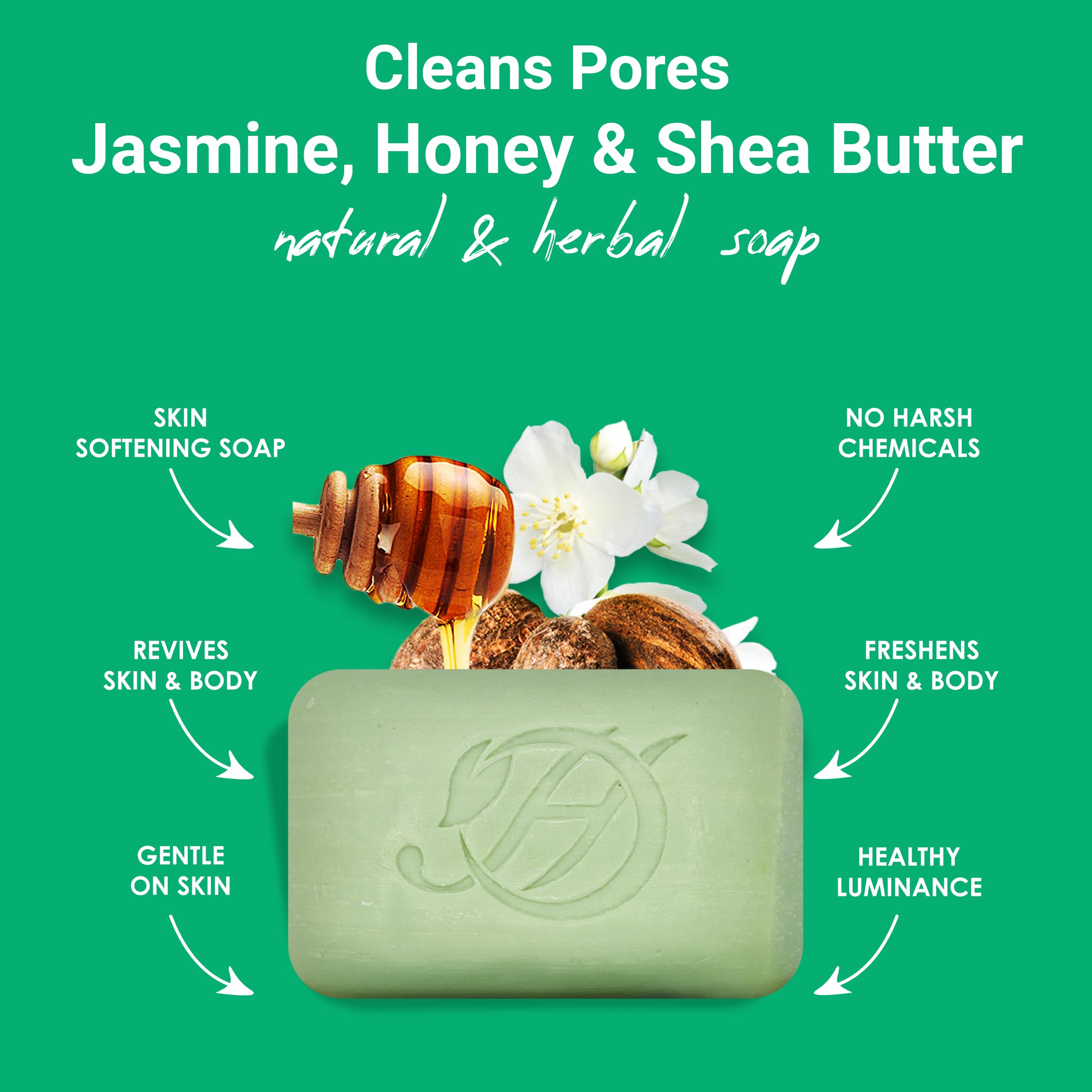 HERBOGANIC natural ingredients visual featuring jasmine honey and shea butter for hydration