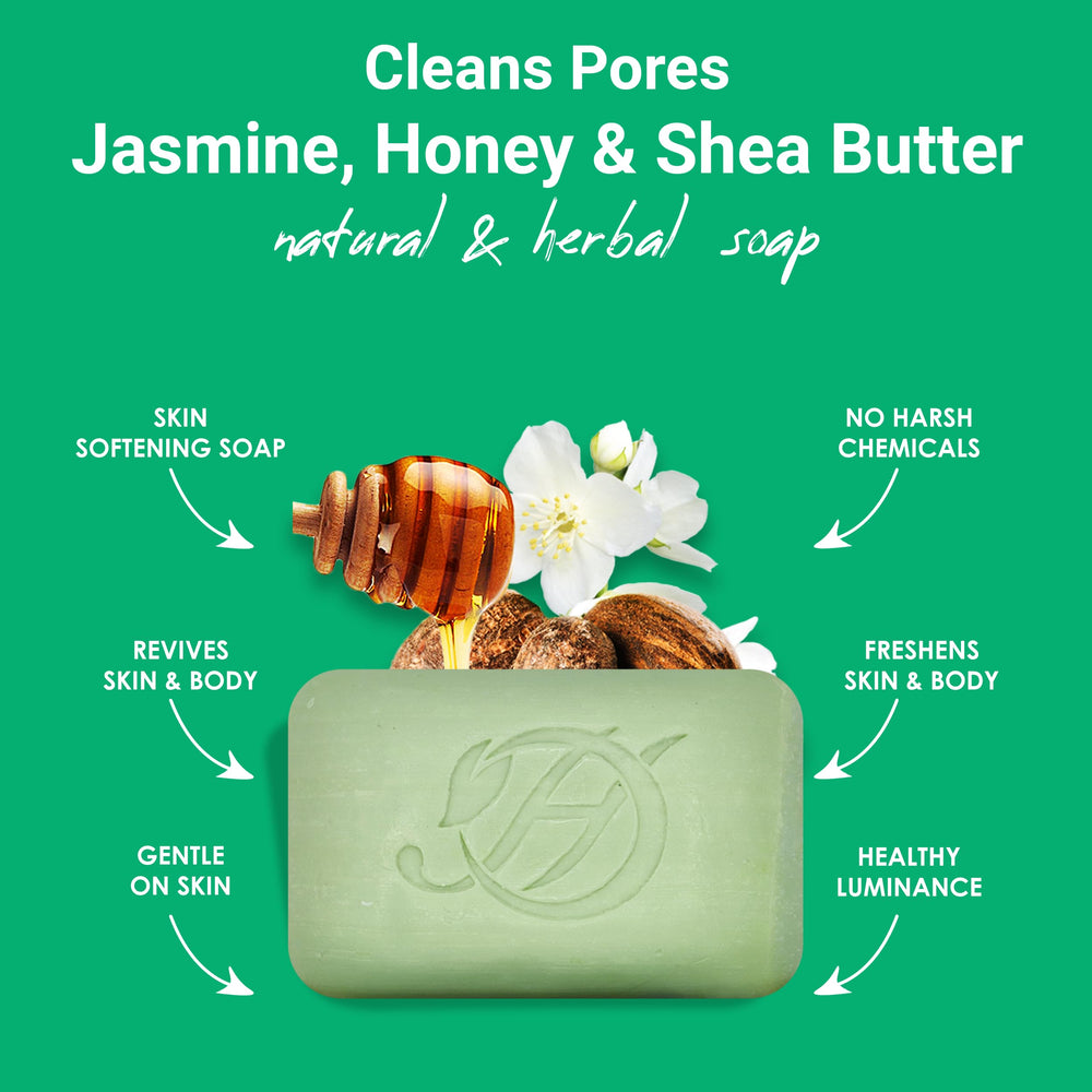 HERBOGANIC natural ingredients visual featuring jasmine honey and shea butter for hydration