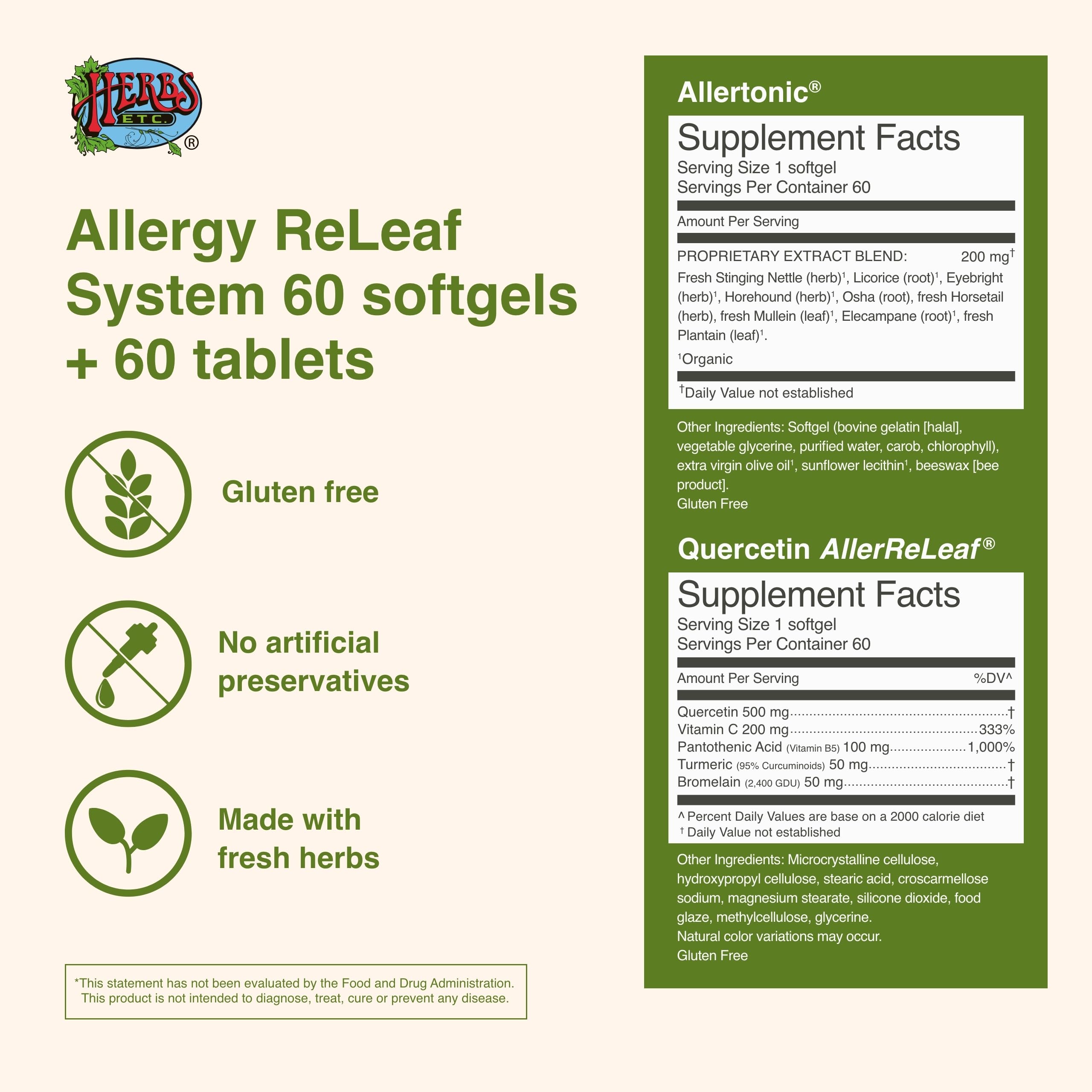 Herbs Etc. Allergy ReLeaf tablet bottle for long-lasting seasonal support.