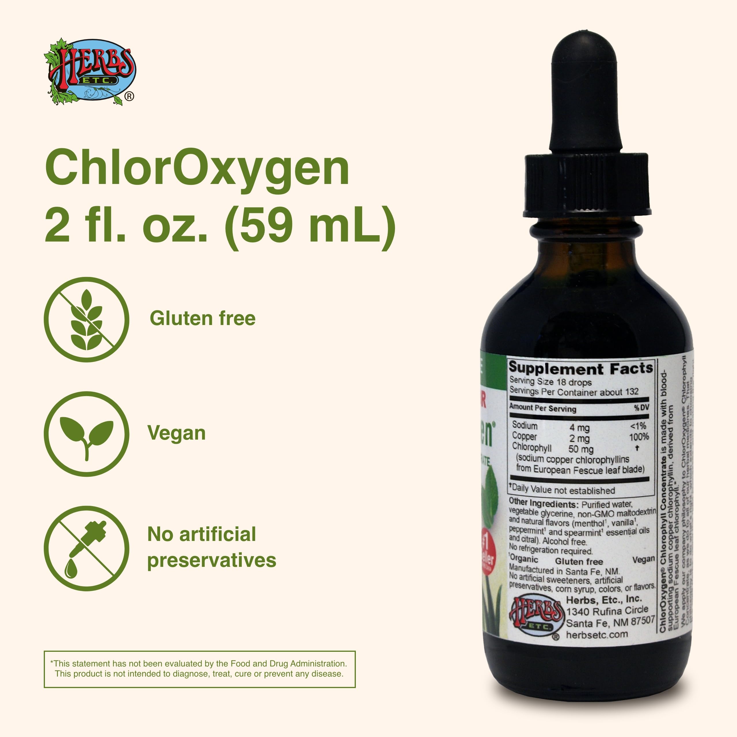 Back view showing supplement facts for ChlorOxygen Chlorophyll Concentrate