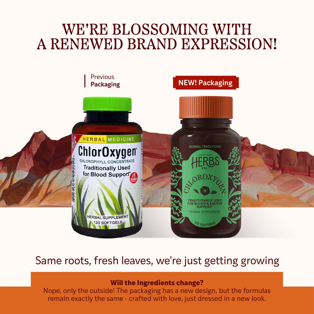Close-up of Herbs Etc. ChlorOxygen softgels for convenient daily energy support.