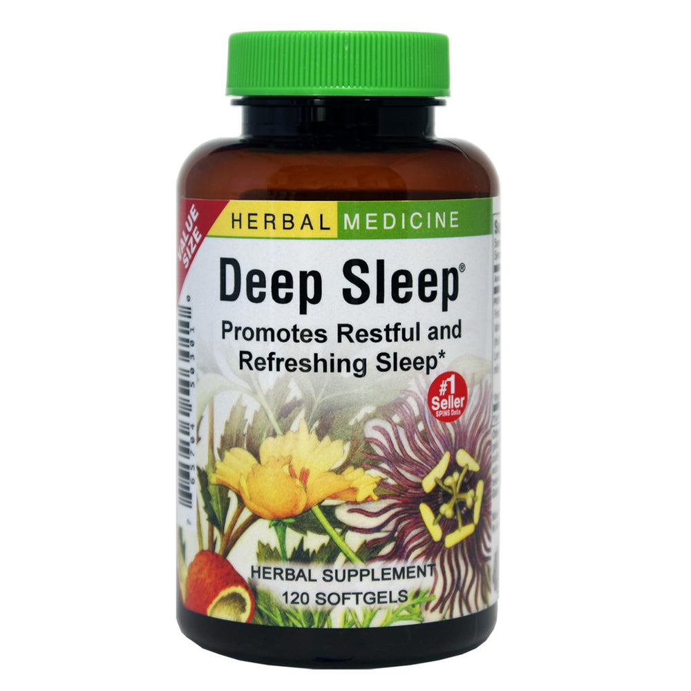 Herbs Etc Deep Sleep Softgels bottle closeup showing calming sleep support.
