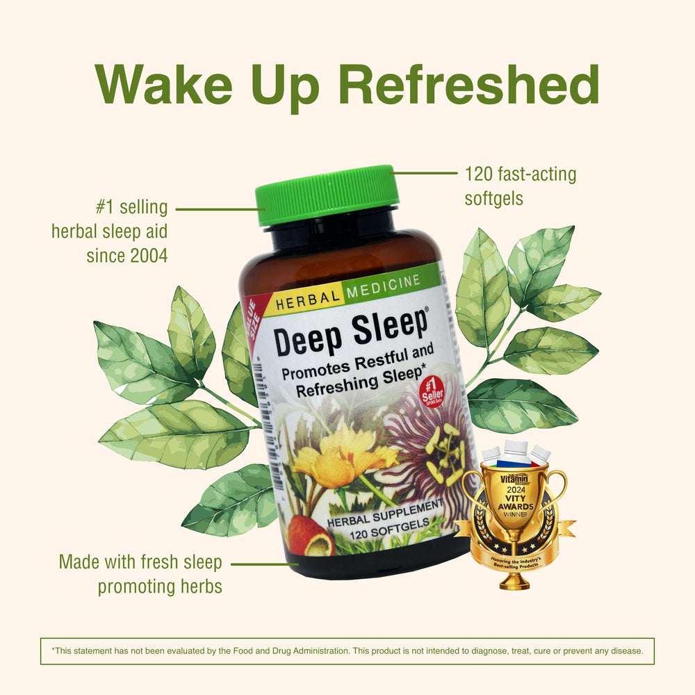 Herbs Etc Deep Sleep Softgels dosage reminder demonstrates two nightly softgels.