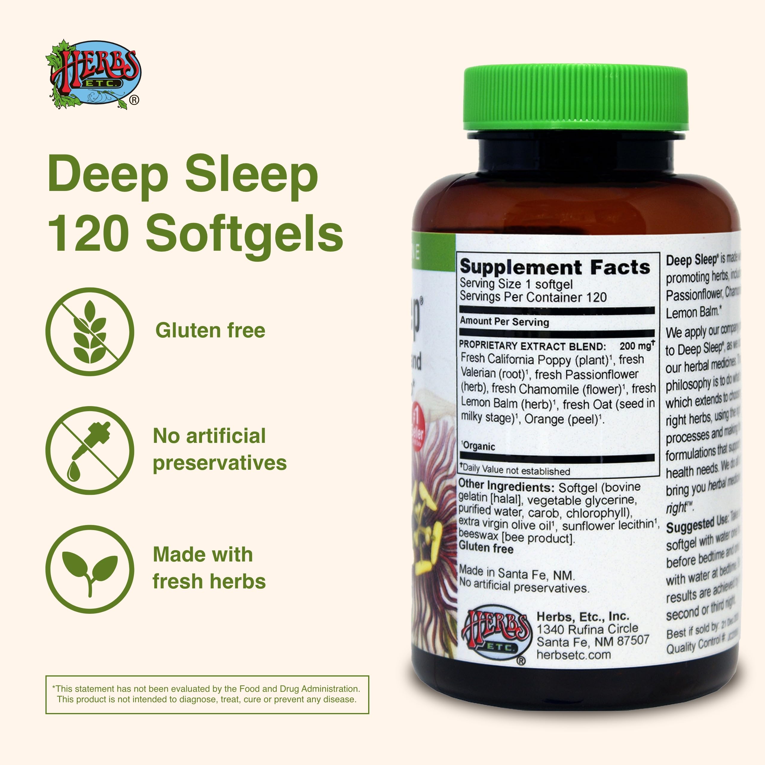 Herbs Etc Deep Sleep Softgels ingredients highlight passionflower chamomile lemon balm.