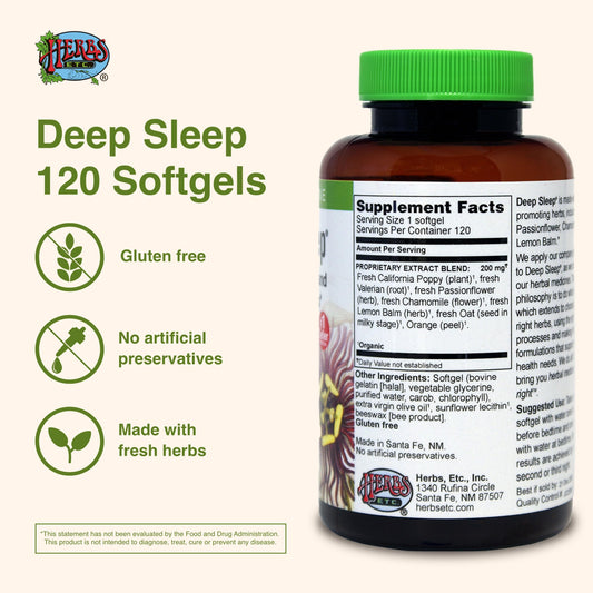 Herbs Etc Deep Sleep Softgels ingredients highlight passionflower chamomile lemon balm.