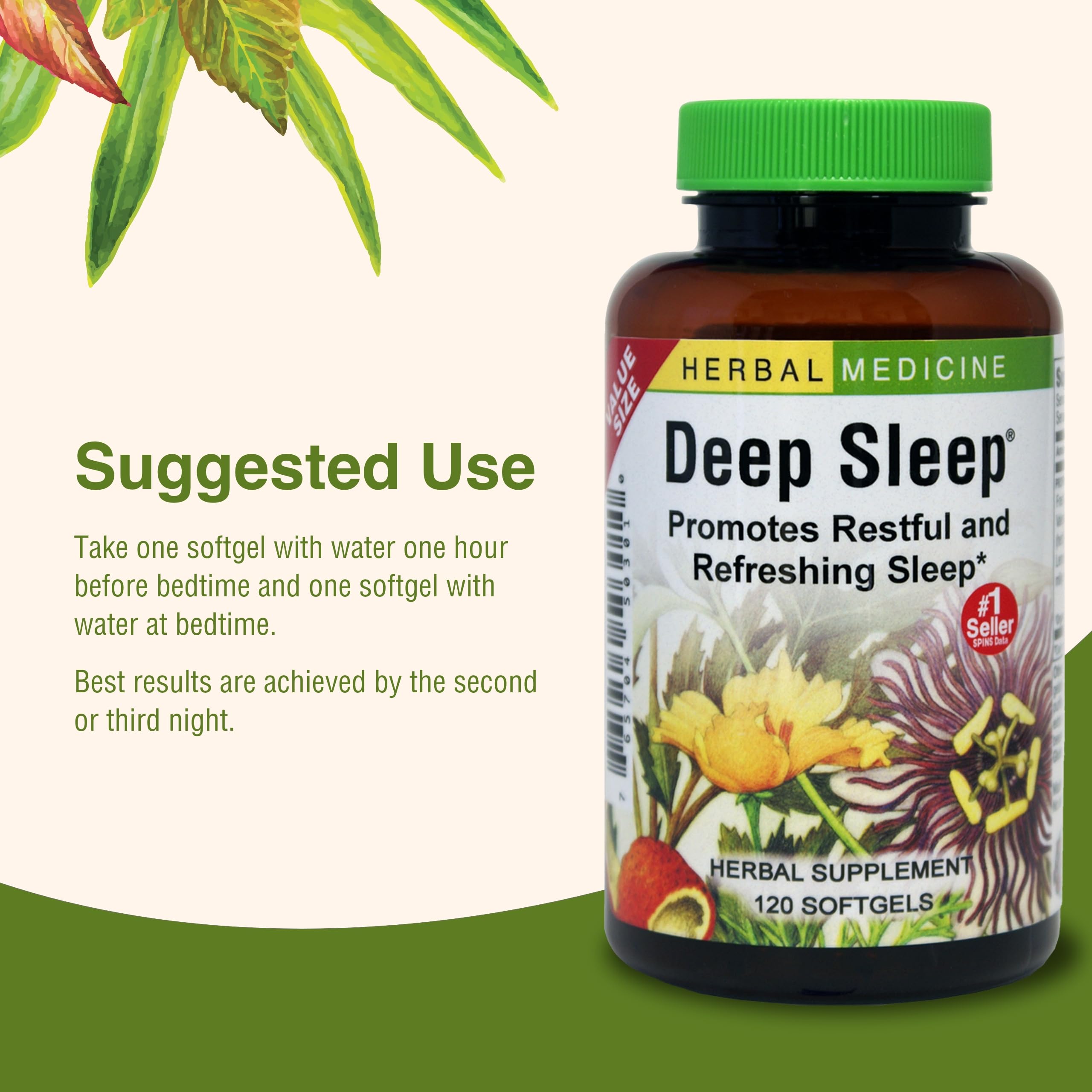 Herbs Etc Deep Sleep Softgels sleep-support graphic highlighting natural herbs.