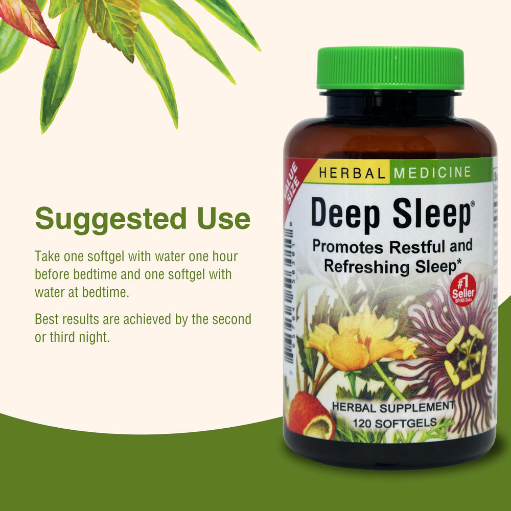 Herbs Etc Deep Sleep Softgels sleep-support graphic highlighting natural herbs.