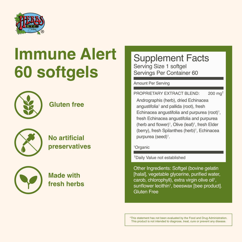 Product label close-up of Herbs Etc. Immune Alert 60 ct softgels