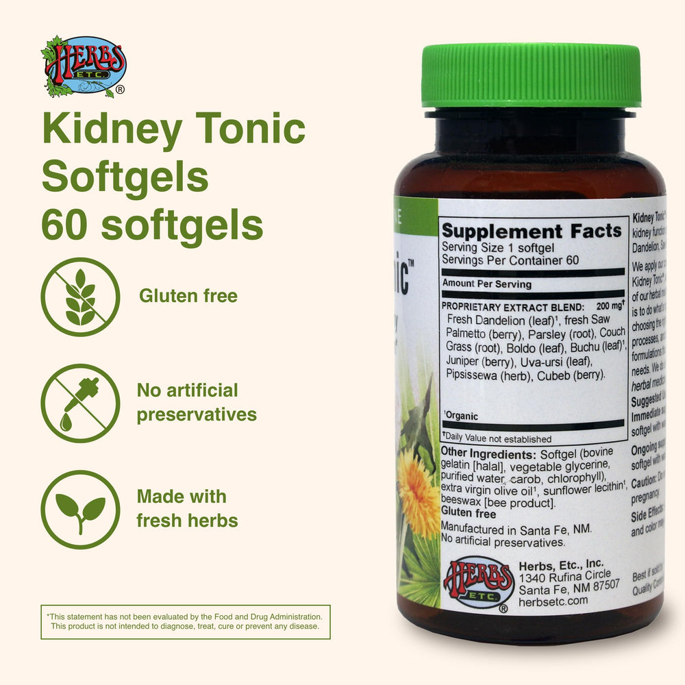 Herbs, Etc. Kidney Tonic Softgels capsules next to ingredients