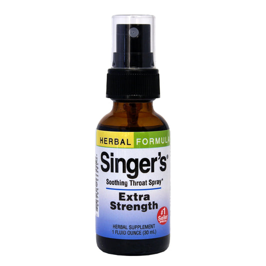Front view of Herbs Etc. Singer's Saving Grace Extra Strength throat spray 1 oz bottle