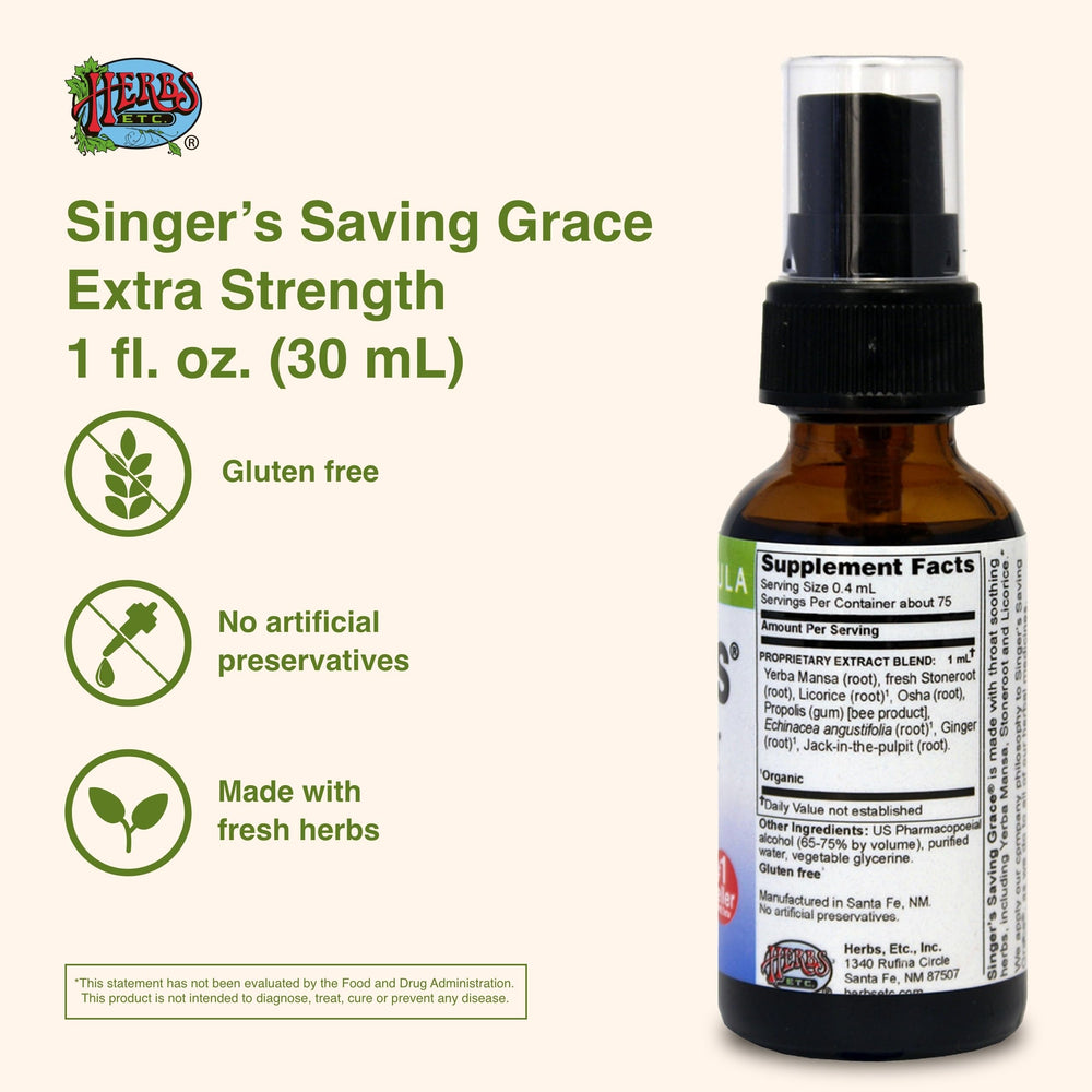 Close-up of Herbs Etc. Singer's Saving Grace throat spray bottle