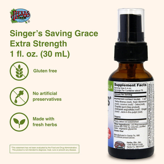 Close-up of Herbs Etc. Singer's Saving Grace throat spray bottle