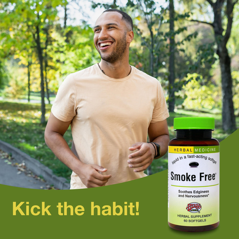 Bottle and box of Herbs, Etc. Smoke Free softgels