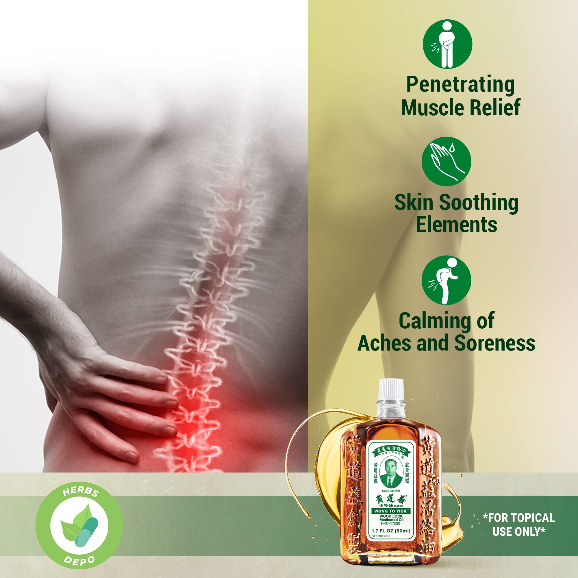 HerbsDepo Wong To Yick Wood Lock Medicated Oil bottle during application for sore muscles