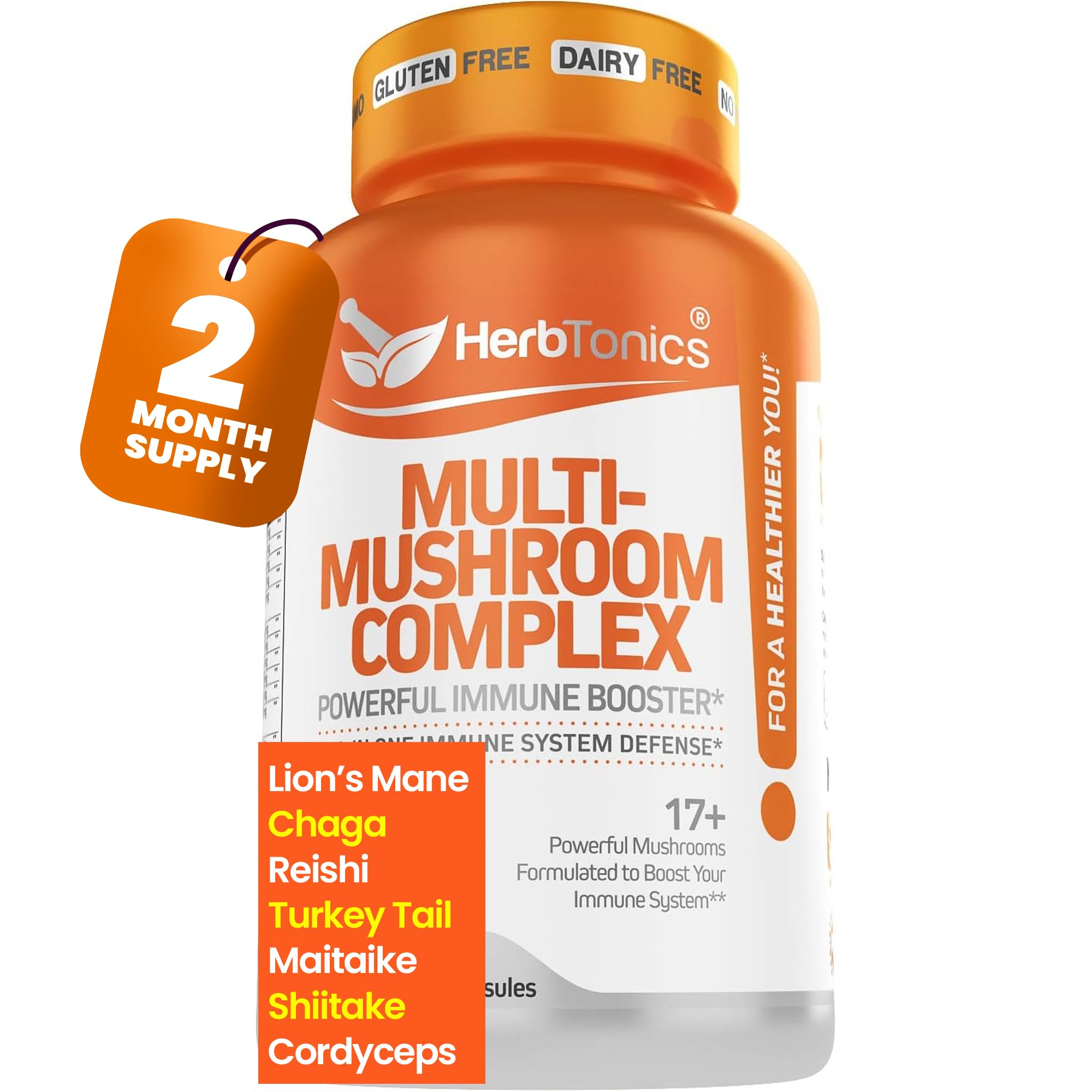 Bottle of Herbtonics All-in-One Mushroom Supplement on white background