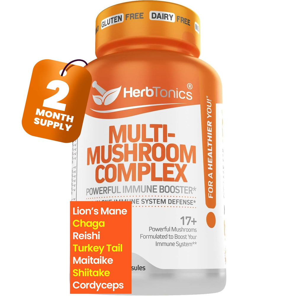 Bottle of Herbtonics All-in-One Mushroom Supplement on white background