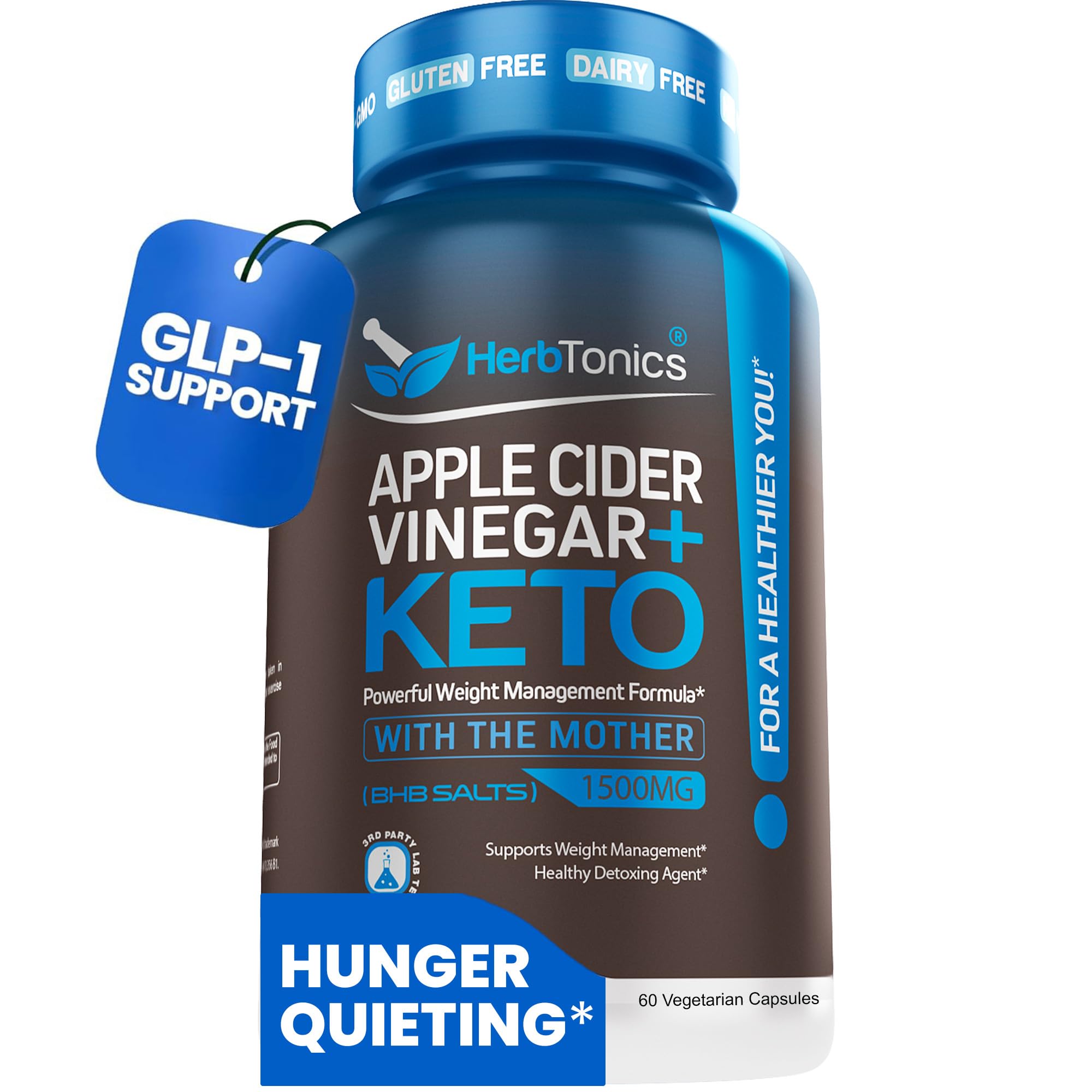Bottle of Herbtonics GLP-1 Support Apple Cider Vinegar capsules front view