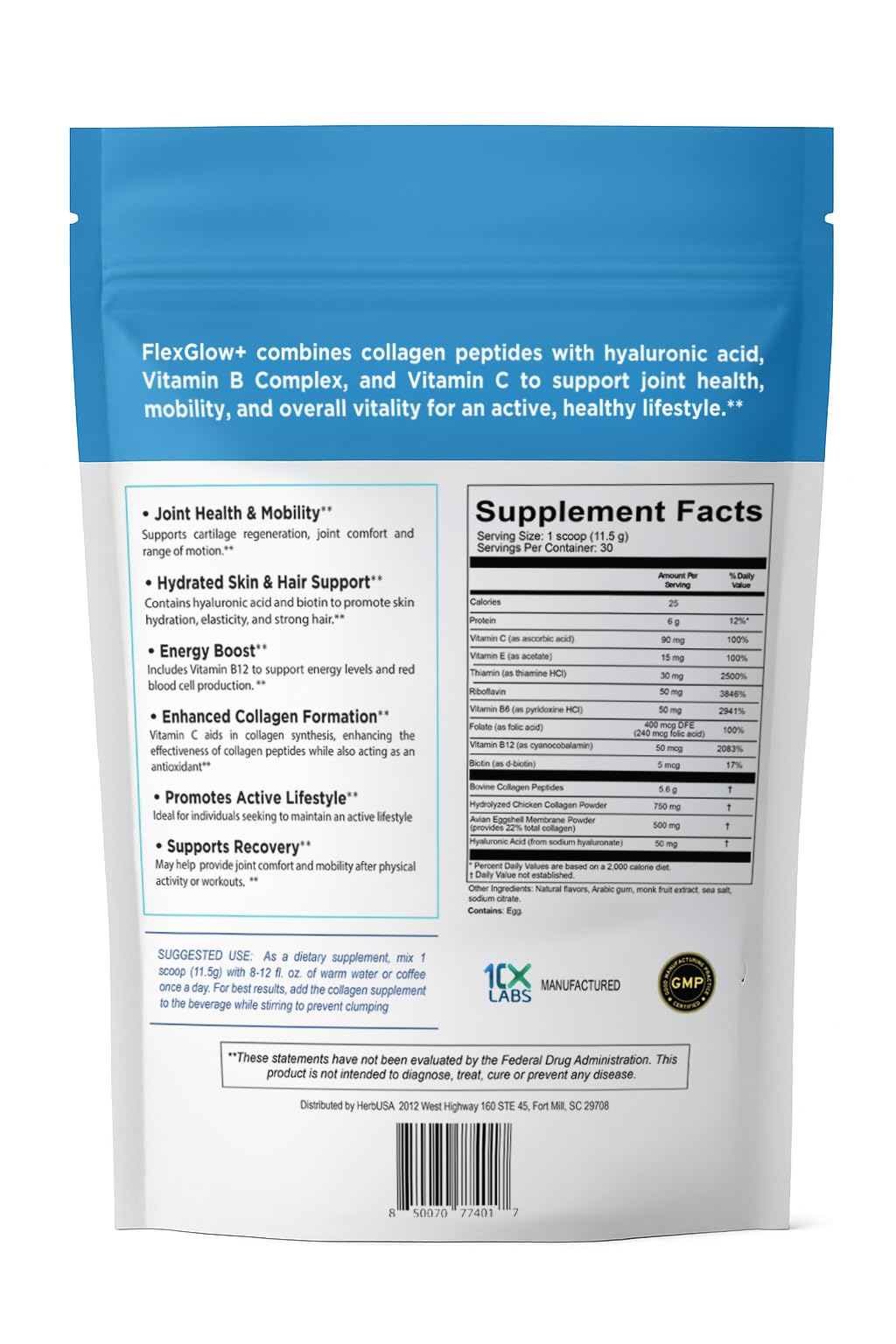 Side view of HerbUSA FlexGlow+ Collagen Peptides packaging