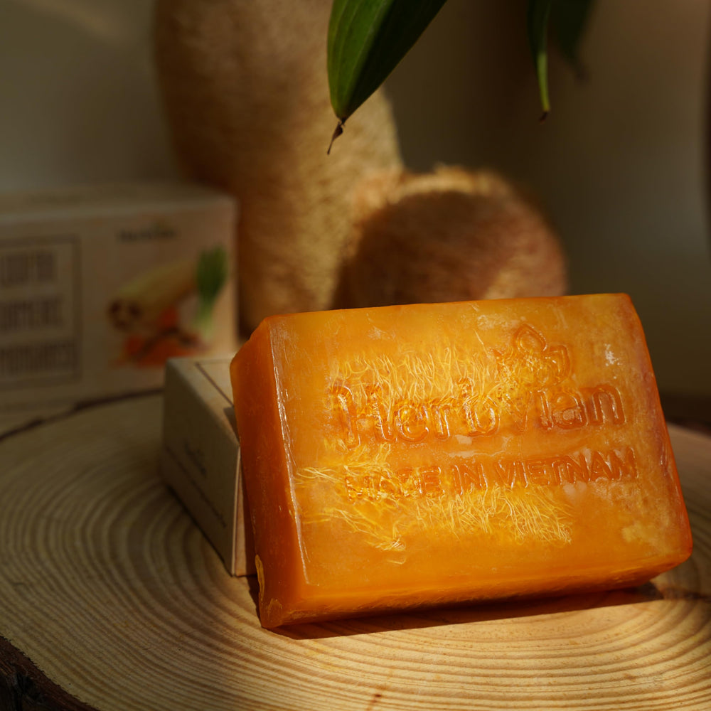 Herbvian exfoliating soap for face and body, natural loofah for smooth skin.