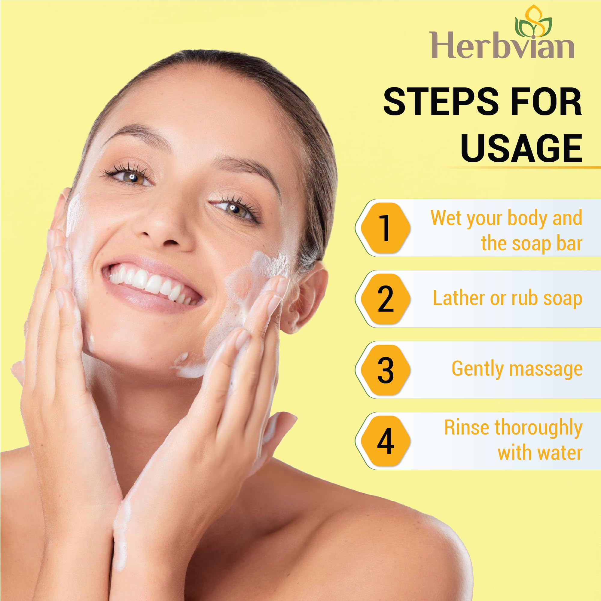Herbvian ingredients: loofah, turmeric, lemongrass for a refreshing cleanse.