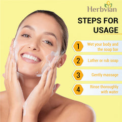 Herbvian ingredients: loofah, turmeric, lemongrass for a refreshing cleanse.