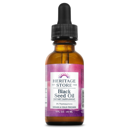 Heritage Store Black Seed Oil 1 fl oz in an amber bottle