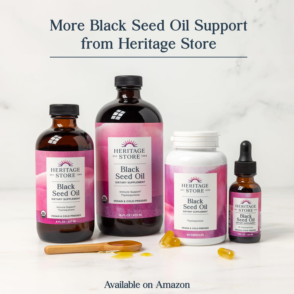 Label showing 3% Thymoquinone content on Heritage Store Black Seed Oil