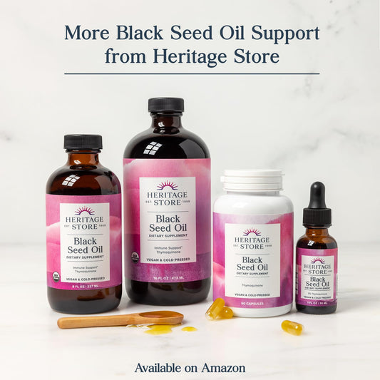 Label showing 3% Thymoquinone content on Heritage Store Black Seed Oil