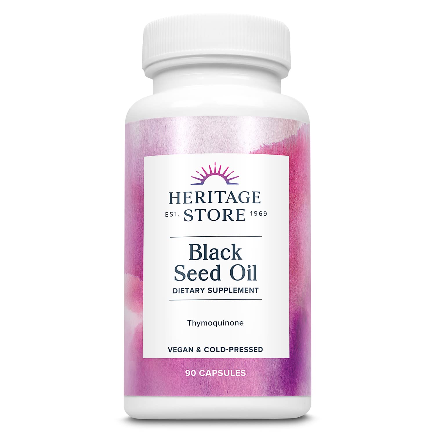 Heritage Store Black Seed Oil 650mg bottle and capsules on white background