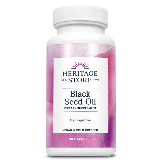 Heritage Store Black Seed Oil 650mg bottle and capsules on white background