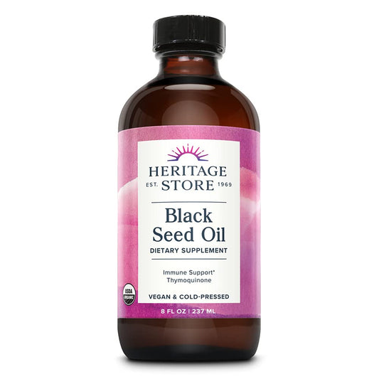 8oz amber glass bottle of Heritage Store Organic Black Seed Oil